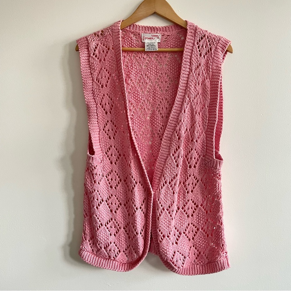Vintage Lener Pink Knitted Sleeveless V-Neck Sweater Vest Sz Large
